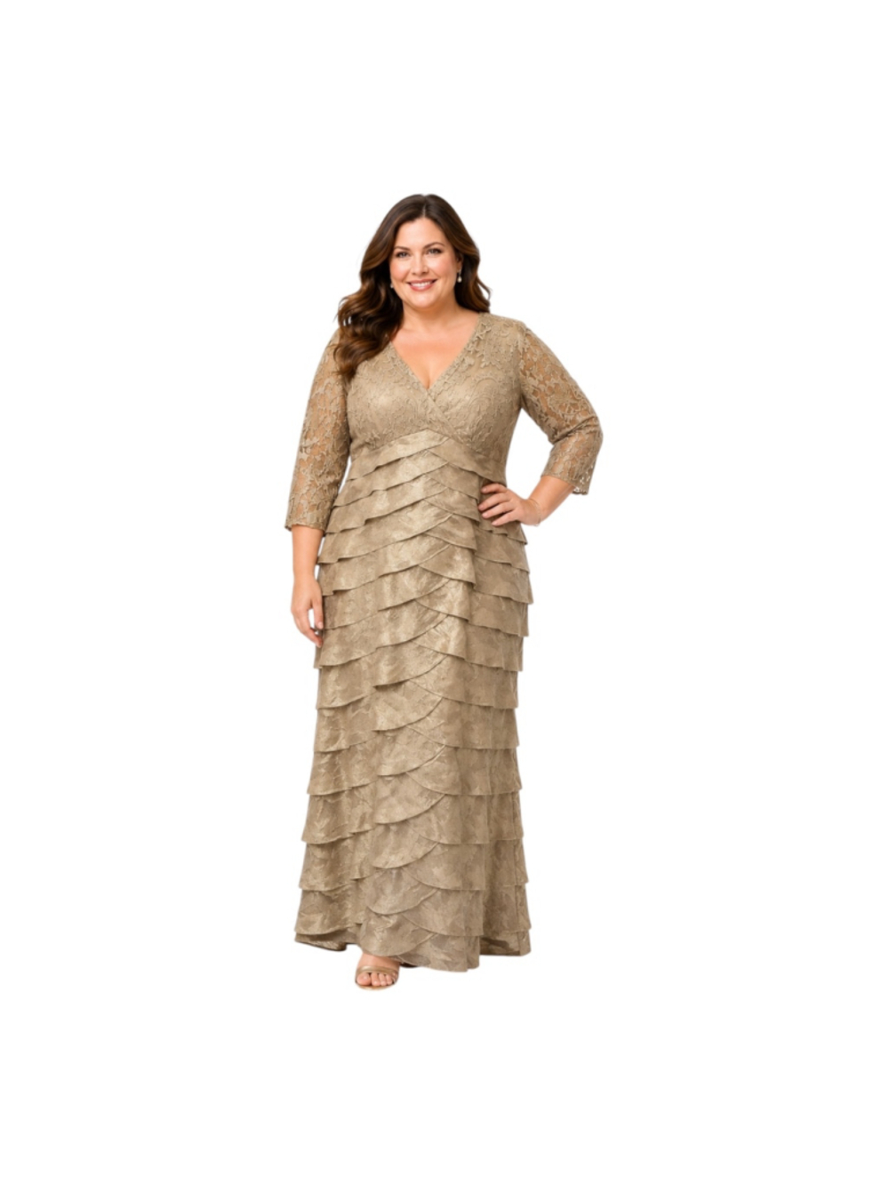 Adrianna Papell Size 16 Champagne Lace Flutter Tiered Formal Gown NWT